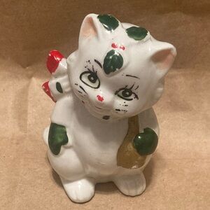 One Vintage Ceramic Christmas Cat Figurine Hand Painted
